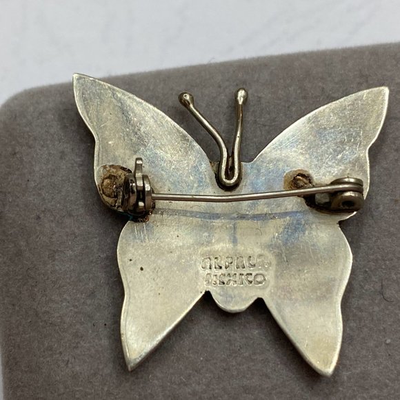 Butterfly Pin Brooch Abalone Shell Wings Made in Mexico,Vintage Alpaca Silver - Picture 4 of 5